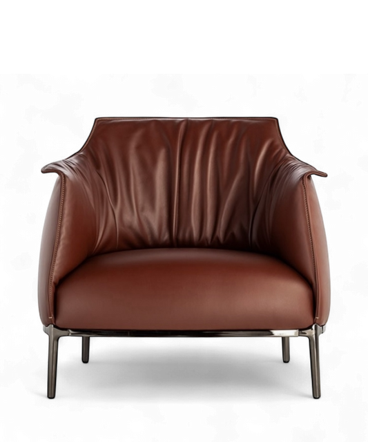 Fauteuil Archibald par Jean-Marie Massaud pour Poltrona Frau, cuir marron finement surpiqué et piètement en acier teinté, design contemporain iconique.