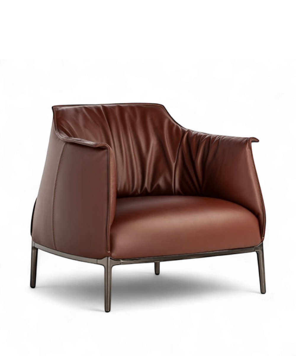 Fauteuil Archibald par Jean-Marie Massaud pour Poltrona Frau, cuir marron finement surpiqué et piètement en acier teinté, design contemporain iconique.