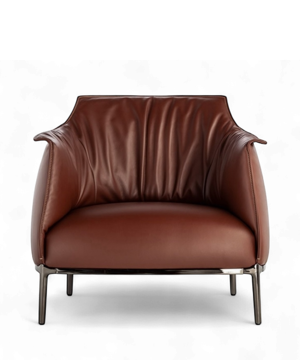 Fauteuil Archibald par Jean-Marie Massaud pour Poltrona Frau, cuir marron finement surpiqué et piètement en acier teinté, design contemporain iconique.
