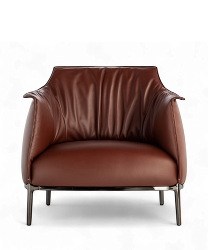 Fauteuil Archibald par Jean-Marie Massaud pour Poltrona Frau, cuir marron finement surpiqué et piètement en acier teinté, design contemporain iconique.
